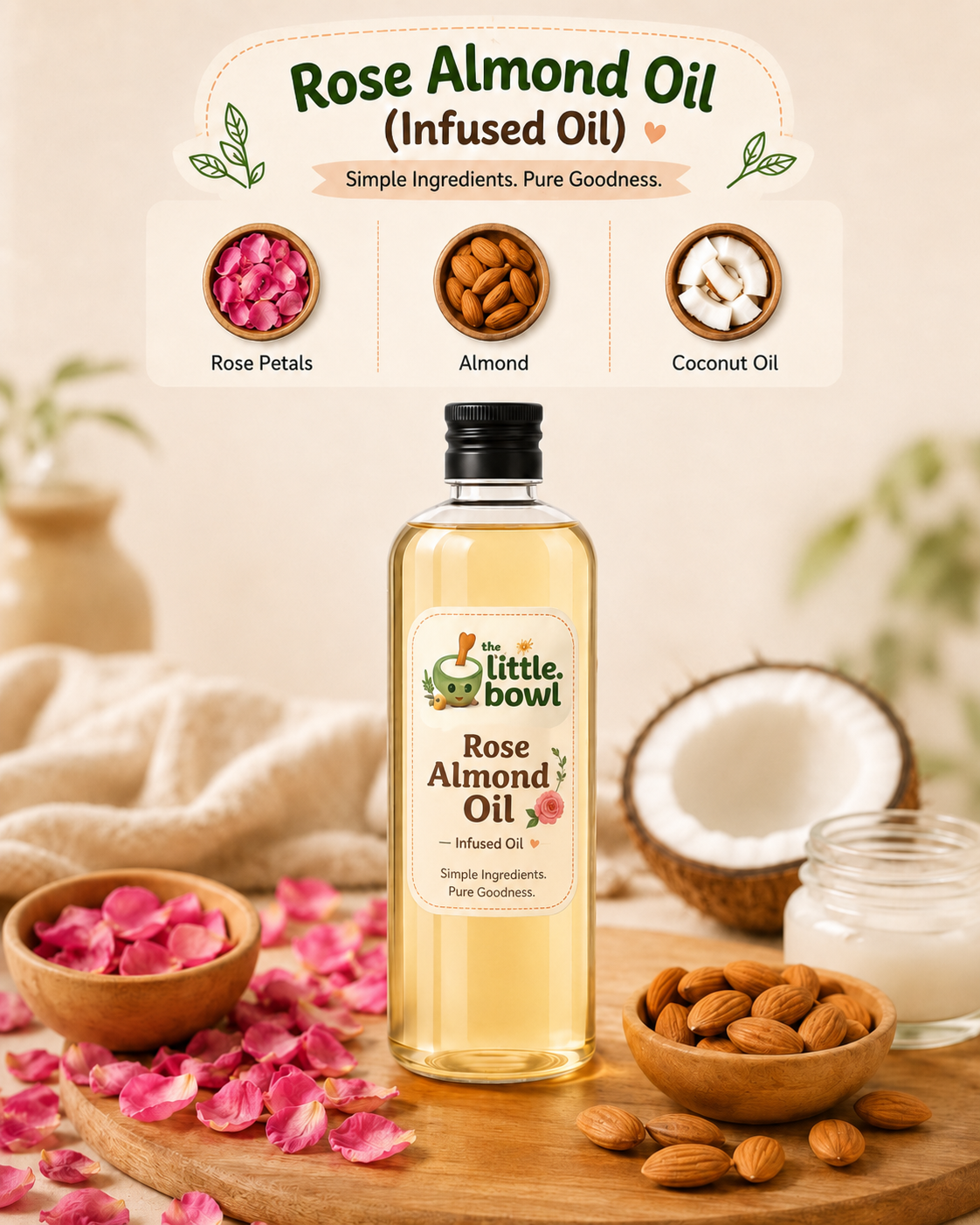 Rose & Almond Massage Oil by The Little Bowl - infused with rose petals, almond and coconut oil