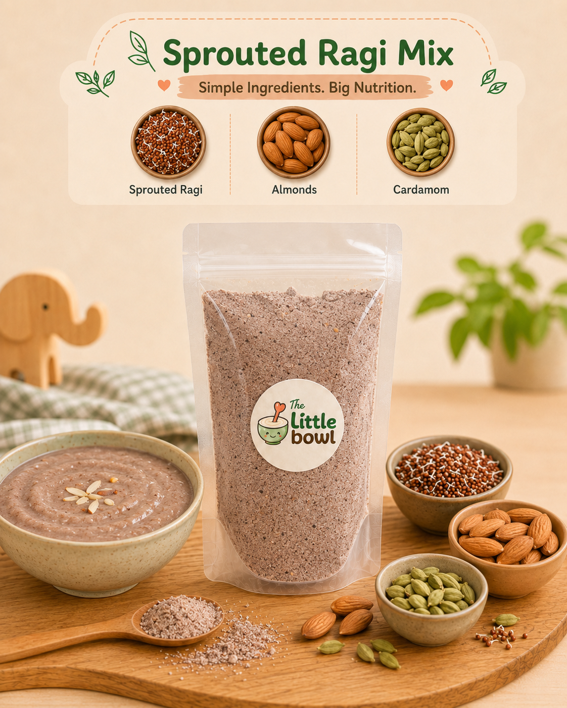Sprouted Ragi & Almond Flour by The Little Bowl - made with sprouted ragi, almonds and cardamom